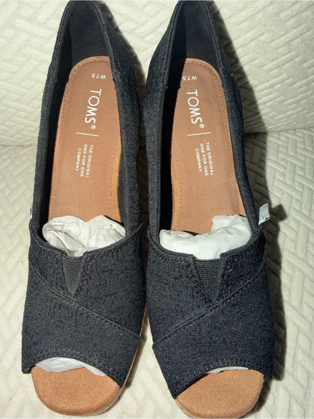 TOMS Black Canvas Cork Peep-Toe Wedge Sandals